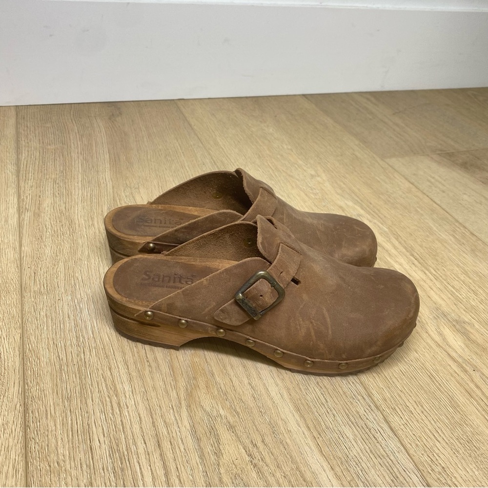 Sanita Brown Leather Clogs with Buckle